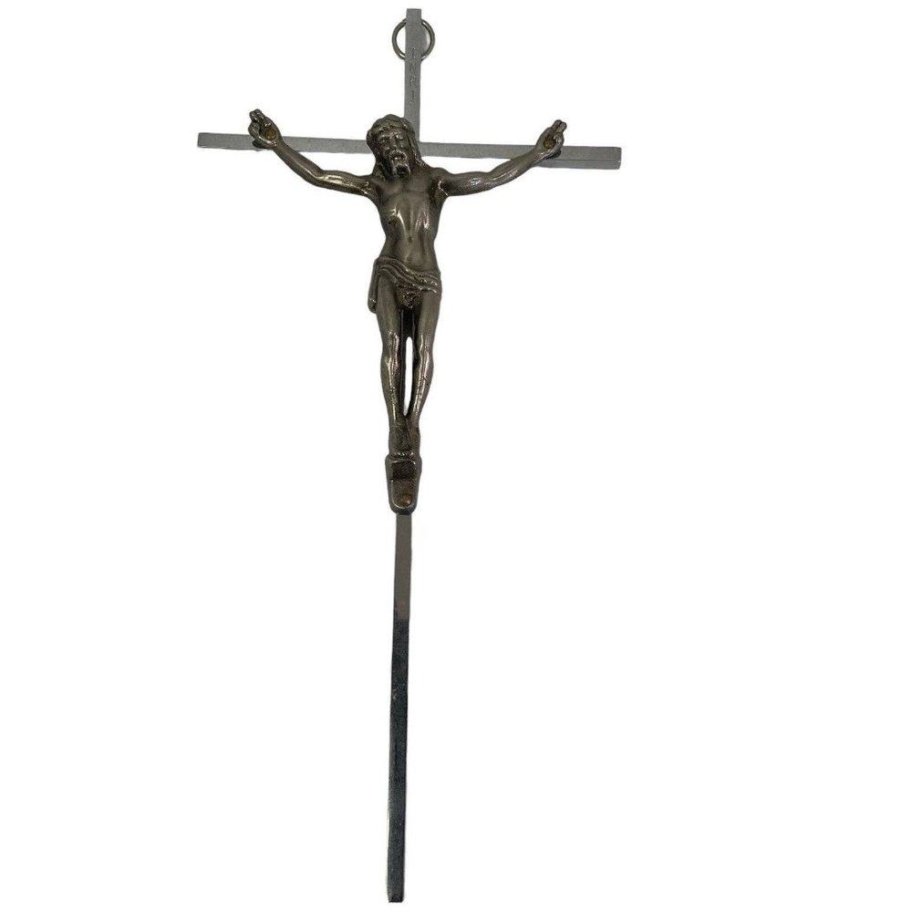 Christian Crucifix Cross‎  Metal Wall Hanger Silver Crucifixion 9 3/4" x 4 1/2"